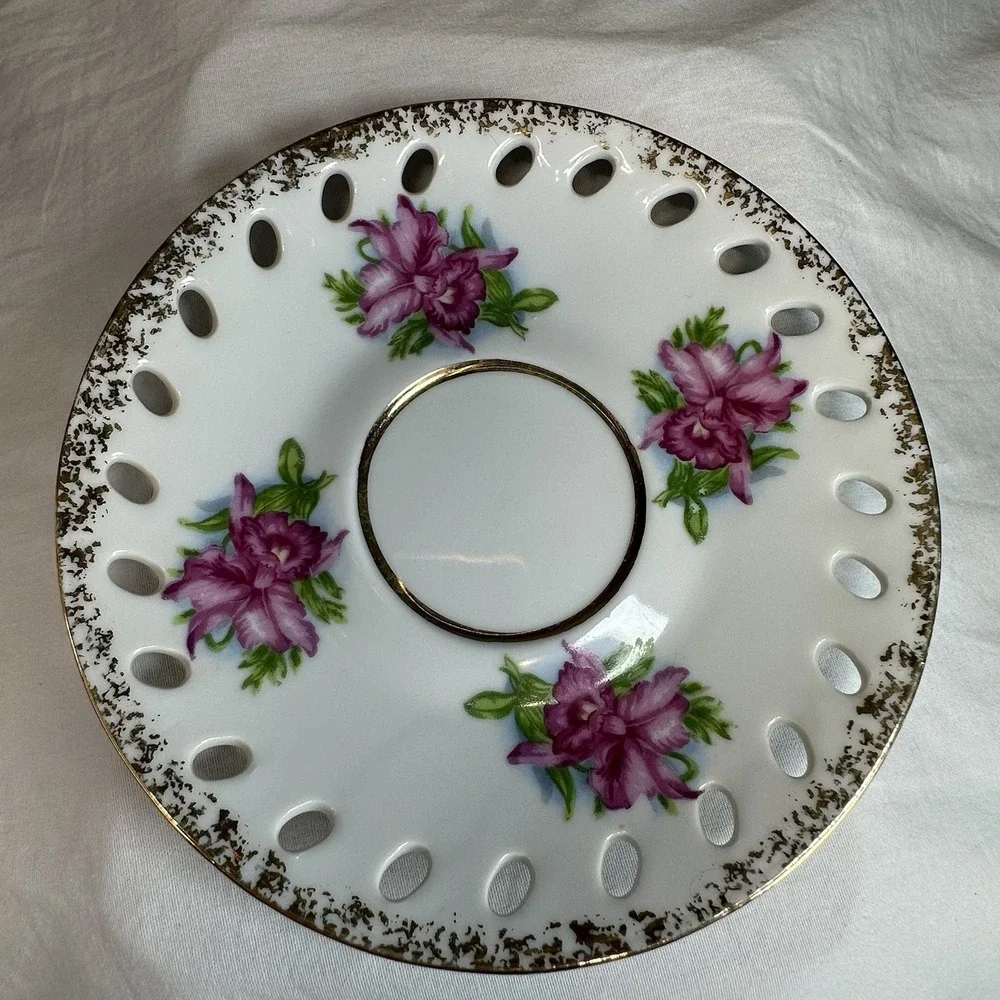 Iridescent Pink Orchid Tea Cup Reticulated Saucer‎ Lusterware Grandmillennial